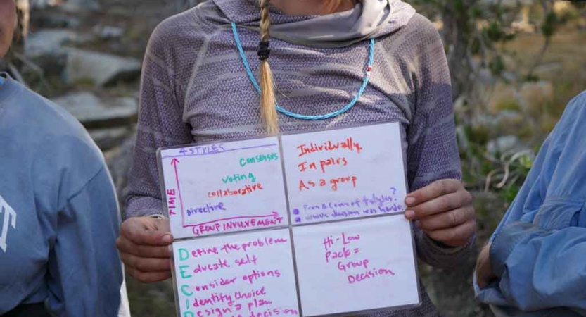 a person holds a small whiteboard as part of a lesson on group dynamics on an outward bound course